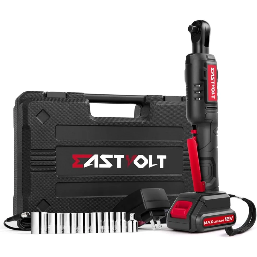 

Eastvolt 12V 3/8 Inch Cordless Electric Ratchet Wrench Set, Black + Red, 7-Piece