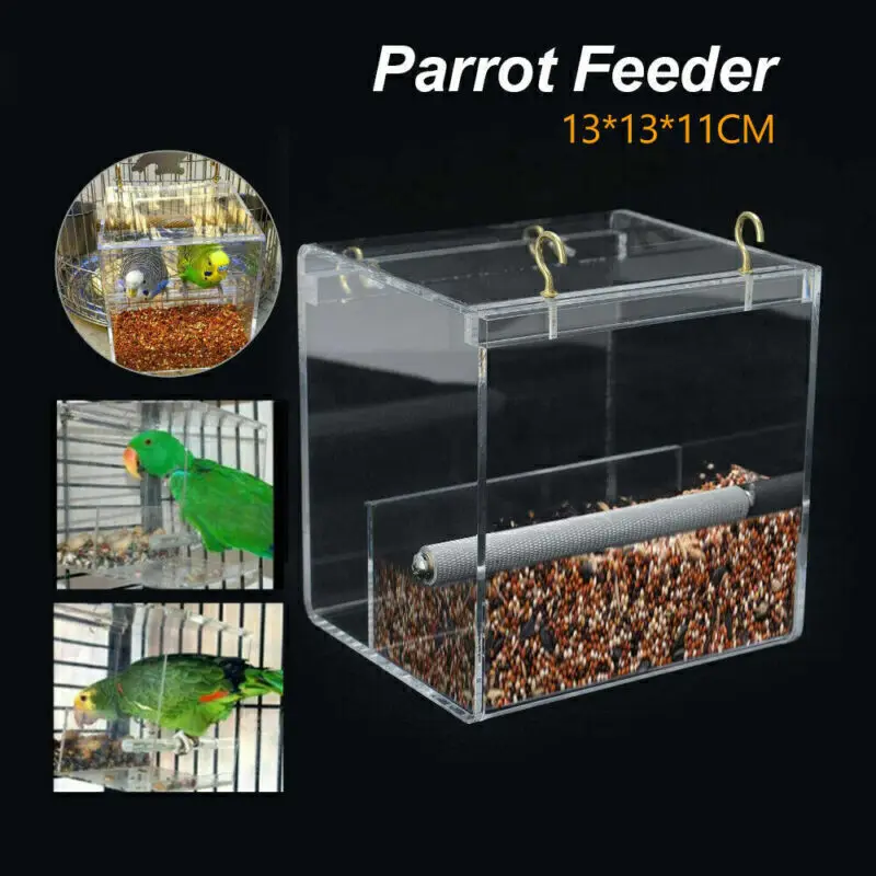 

Acrylic Automatic Parrot Feeder No Mess Bird Cage Seed Feeding Container Box 13 x 13 x 11cm Feeding Box Pet Feeder Transparent