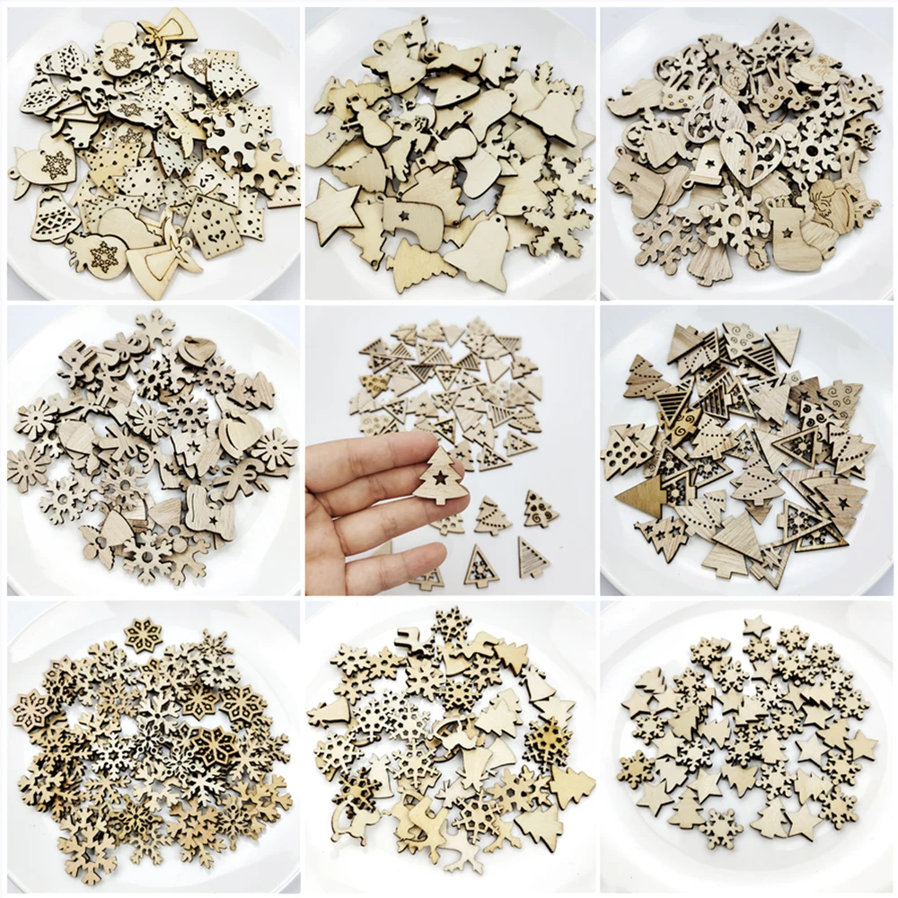50Pcs Christmas Wooden Decoration Confetti Snowflake Xmas Tree Elk Star Wood Ornaments Diy Christmas Party Dinner Table Decor