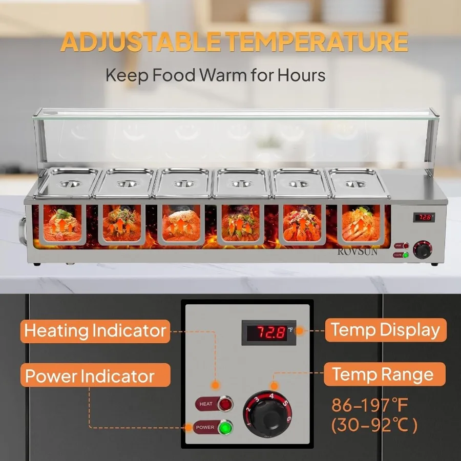 48QT 1500W Electric Commercial Food Warmer 6-Pan Steam Table 8QT/Pan Stainless Steel Bain Marie Countertop with Acrylic Shield