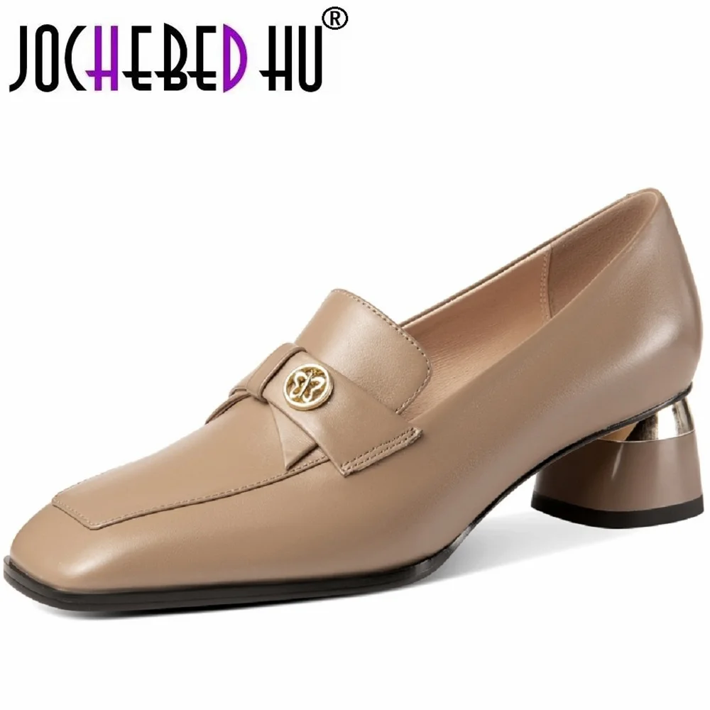 

【JOCHEBED HU】New Square Toe Thick Heel Genuine Leather Office Pumps Banquet Party Women's Shoes Fashion Wedding Shoes 33-43