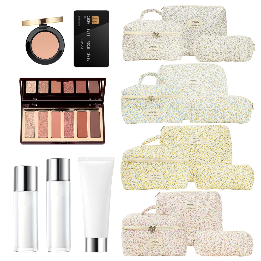 Women Quilted Makeup Bag Cosmetic Organizer Bag Large Capacity Makeup Storage Bag with Clutch Bag & Pen Case Cute Toiletry Bag