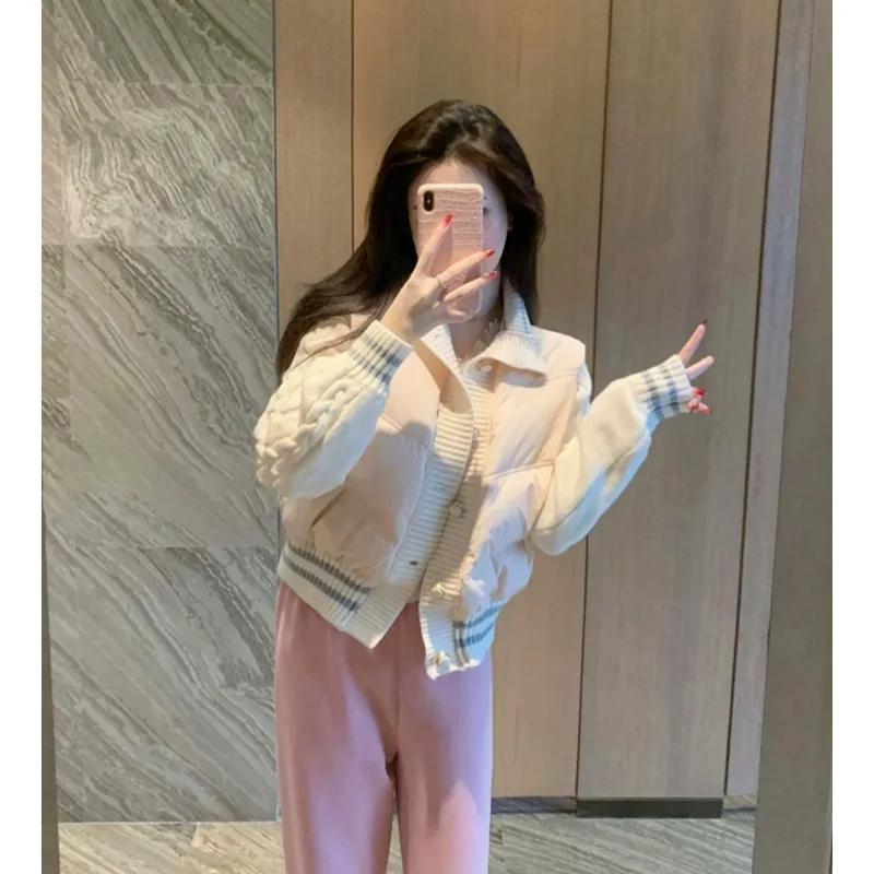 

Pink Small Fragrant Style Knitted Patchwork Lightweight Cotton Jacket for Women's Winter New High-end Design Sense Coat
