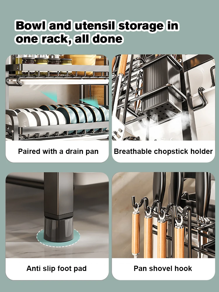 Dish Drying Rack 2-Tier Compact Kitchen Dish Rack Drainboard Set Large Rust-Proof Drainer with Utensil Holder