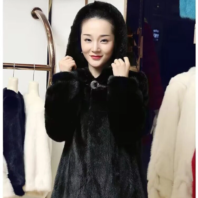 Faux Fur Coat for Women, Mid Length Version, Loose Hooded Outwear, Thicken Warm Imitation Mink Fur, Monochromatic Top, New, 2024