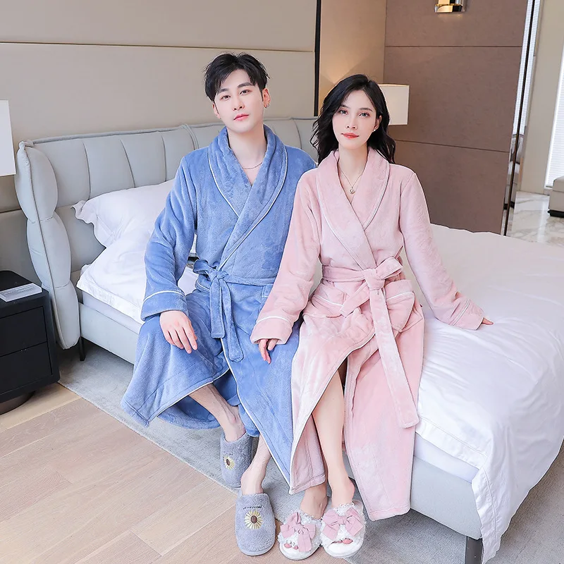 

Thickened Coral Fleece Kimono Bathrobe Gown Autumn Winter Nightwear Couple Flannel Long Robe Sleepwear Loose Warm Home Wear