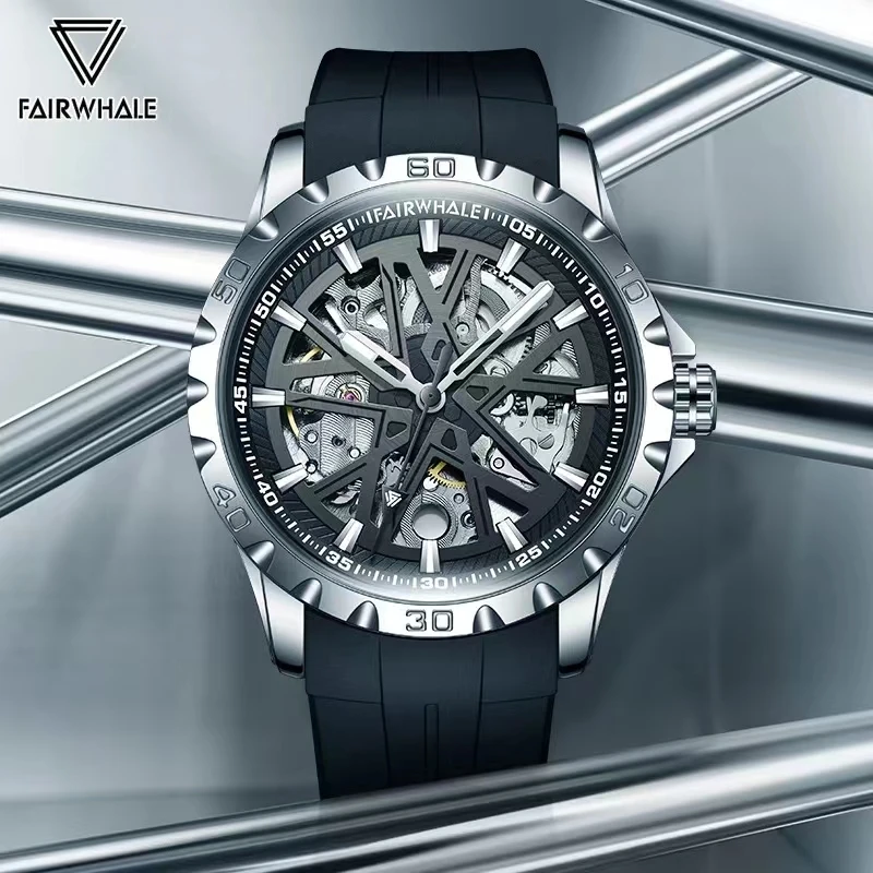 FAIRWHALE 6580 Mechanical Watches for Men Automatic Movement Skeleton Dial Sports Waterproof Silicone Strap Mens Watch Reloj