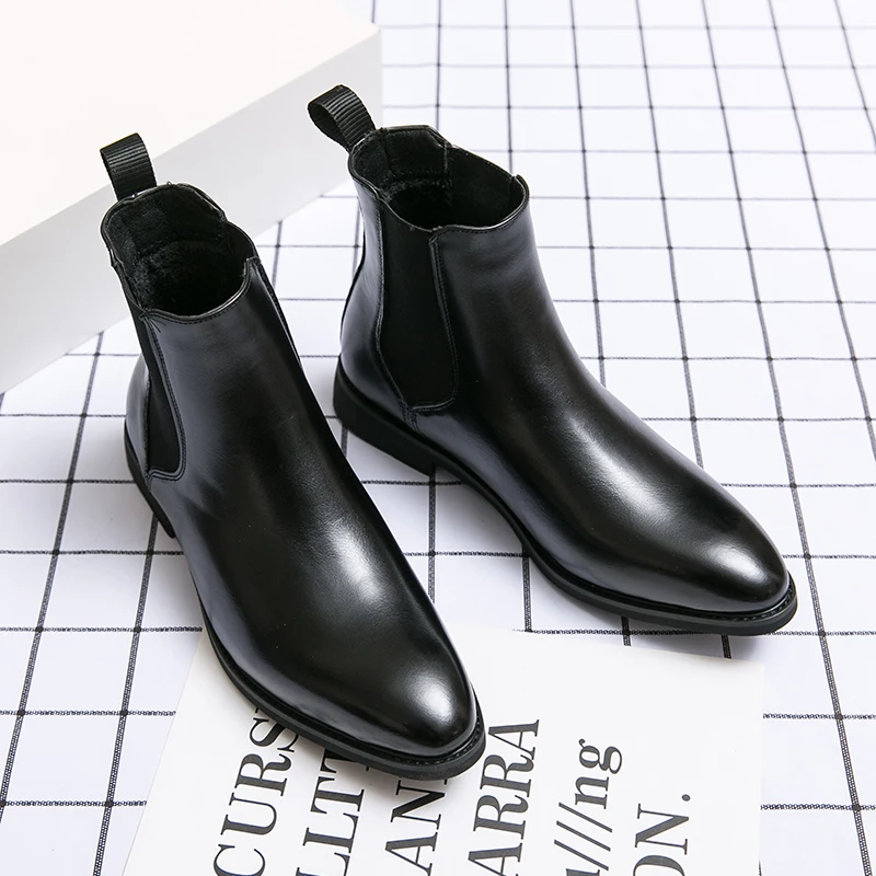 New Britain Gentleman Chelsea Ankle Boots Pointed Patent Leather Shoes Men Warm Plush Dress Footwear Male Black Brown High Tops