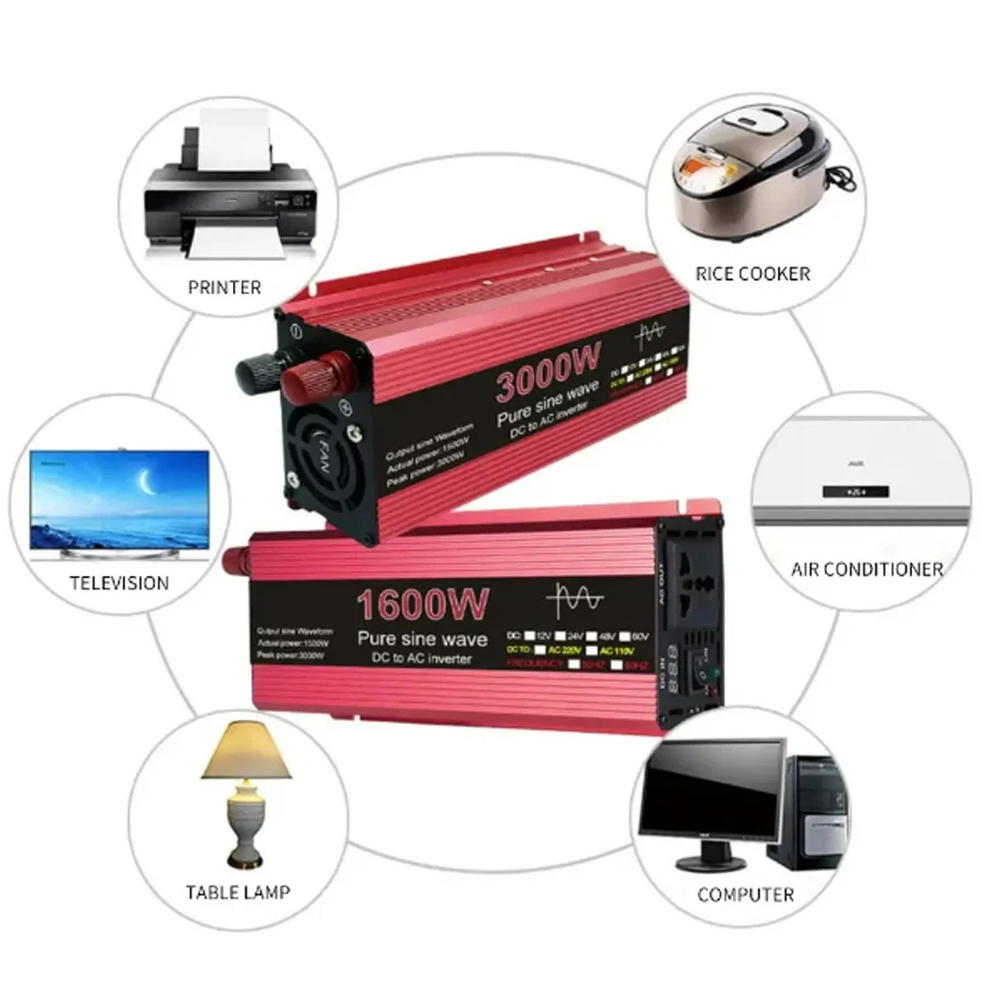 Solar Inverter Pure Sine Wave DC 12V/24V To AC 110V/220V 1000W 1600W 2000W 2200W Portable Power Bank Converter