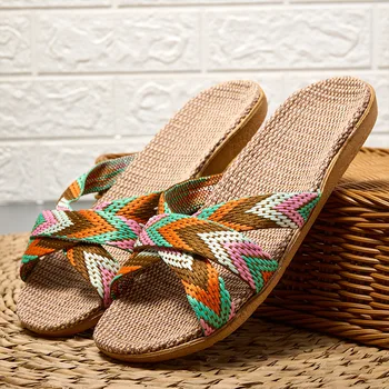 Summer Women Linen Slippers Home Ladies Lightweight Indoor Anti Slip Shoes Thick Sole Beach Slides Bohemian Style 1