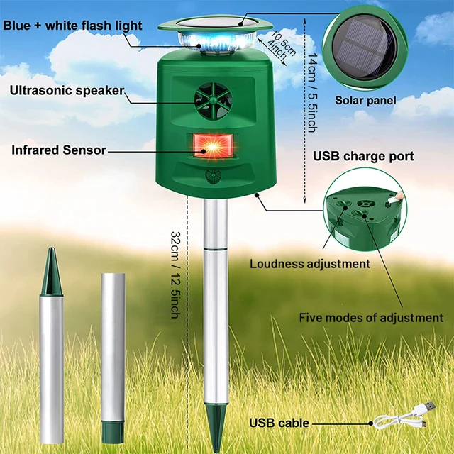 Kültéri Napenergia Ultrahangos Állatok Visszataszító Vízálló Állati Elrettentő Hajtás Villogó Led -Es Fény Kutya Macska Egerek Kerti Farmhoz - Image 5