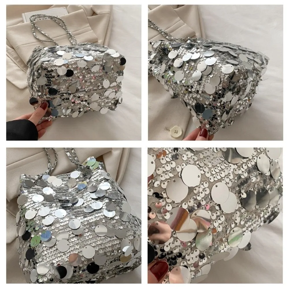 Elegante, glänzende Pailletten-Umhängetasche im koreanischen Stil mit Kettenriemen, Umhängetasche mit großem Fassungsvermögen, Party-Bucket-Bag – Detail 7