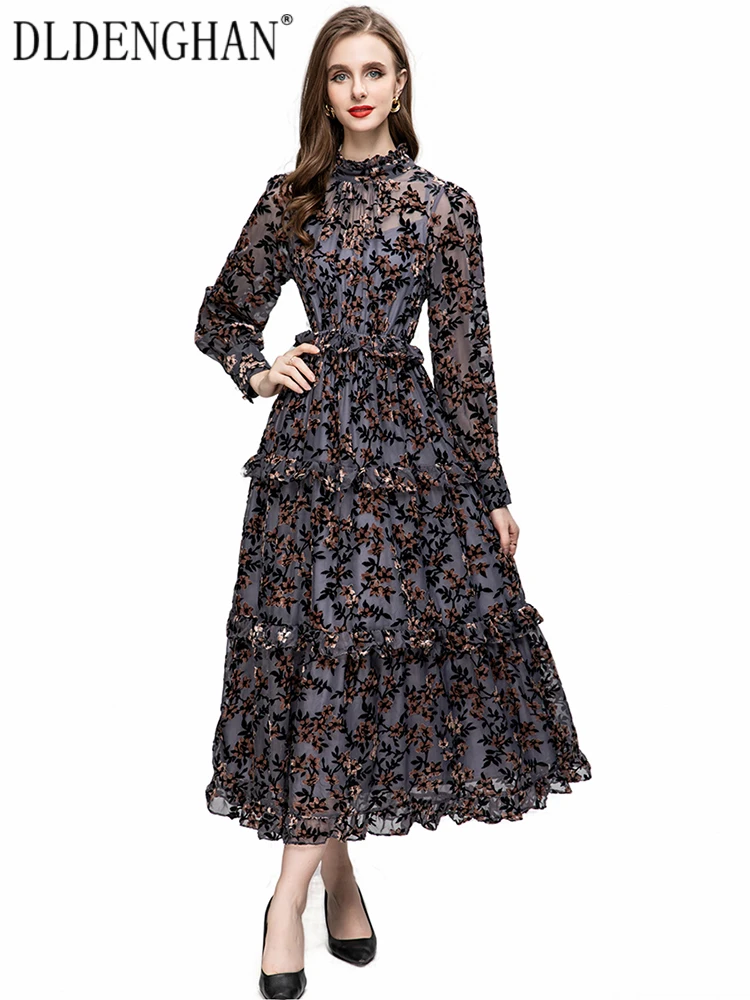 

DLDENGHAN Early Autumn Jacquard Long Dress Women Stand Collar Lantern Sleeve Ruffles Vintage Dresses Fashion Designer New