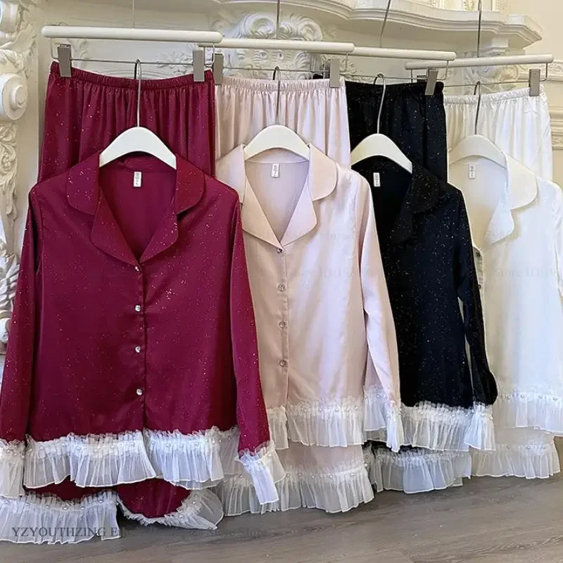 طقم بيجامة حرير نسائي دانتيل كم طويل