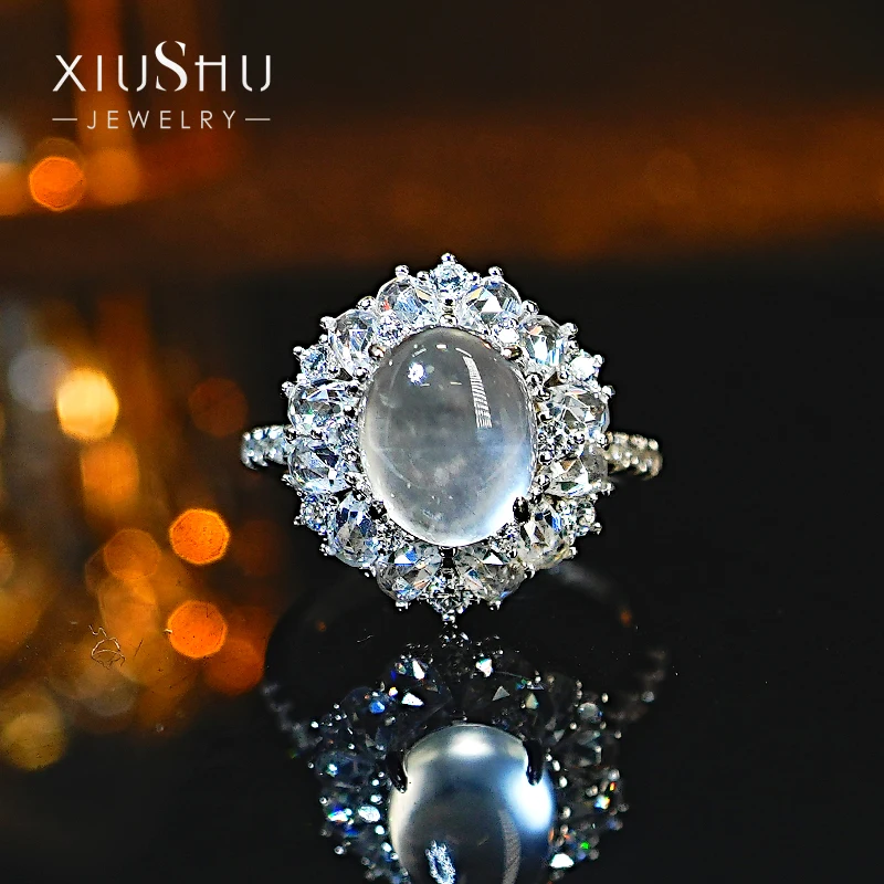 

New Chinese Style Foam Jade 925 Silver Flower Ring Set with High Carbon Diamond, Ice Seed, Fluorescent, Niche and Versatile