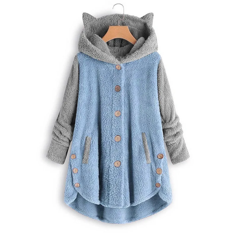 Cat Print Long Hoodies Sweatshirt Women Fleece Warm Button Pocket Pullovers Cat Ear Plus Size Hoodie Top Blouse Sweat Femme 2