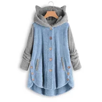 Cat Print Long Hoodies Sweatshirt Women Fleece Warm Button Pocket Pullovers Cat Ear Plus Size Hoodie Top Blouse Sweat Femme 2