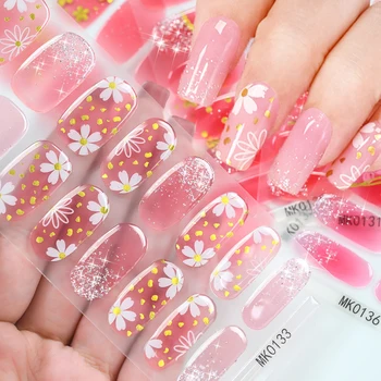 1PC 3D Daisy Pink Semi-cured Gel Nail Sticker Spring Exquisite Floral Gold Foil Full Cover Adhesive Nail Wraps UV Free NailDecal 1