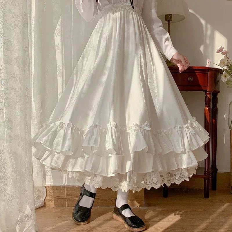 

Japanese Solid Color Double Layer Vintage French Ruffled A-line Skirt Hepburn Style Black White Half Skirt Female Long Skirts