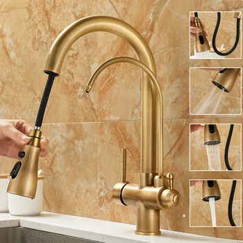Rubinetto per acqua pura tre in uno interamente in rame, pompaggio da cucina, rubinetto antico, lavello per uso domestico, lavabo per verdure 1