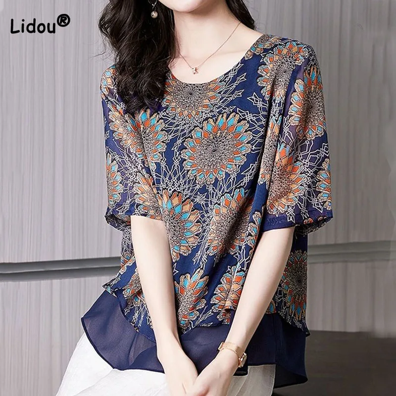 

Casual Vintage Round Neck Floral Printed Women's Tops Summer Fashion Fake Two Pieces Loose Half Sleeve Chiffon T-shirt Female