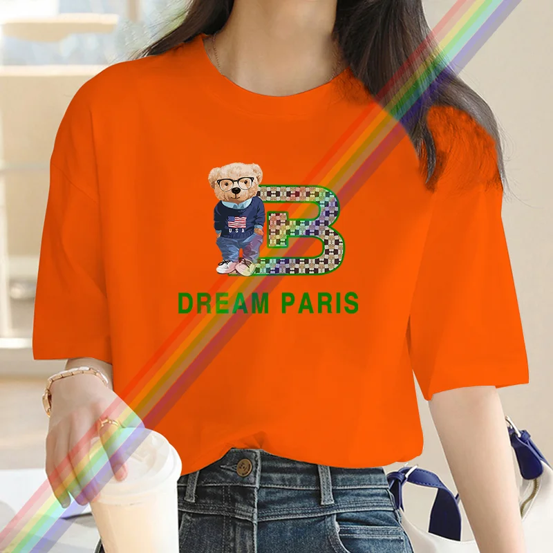 New fashion cartoon letter Bear print women's T-shirt street wear large casual Y2K cotton top summer women's short sleeve