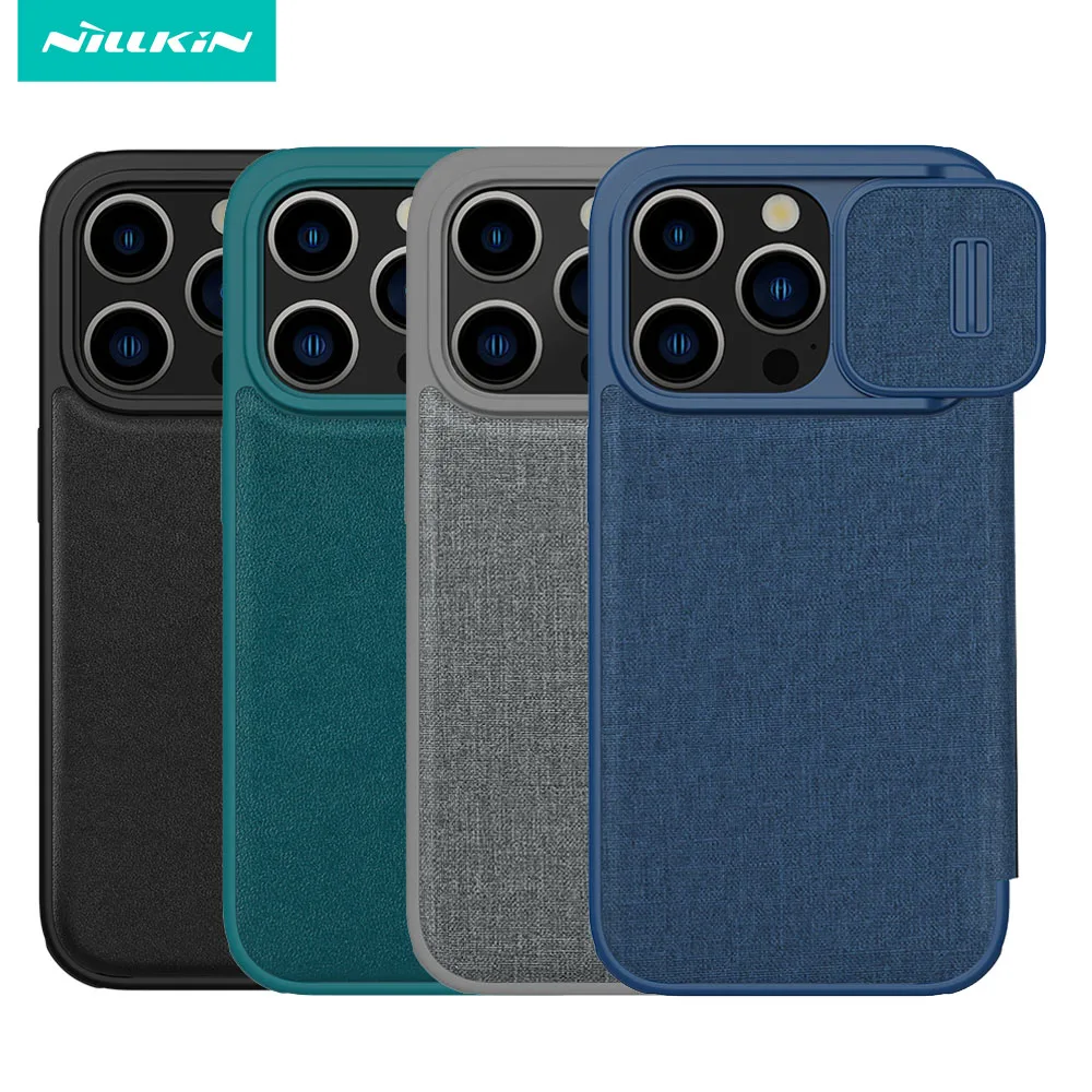 

Флип-чехол Nillkin для iPhone 15 Pro /Pro Max, кожаный тканевый чехол с кармашком для карт, чехол-книжка с камерой для iPhone 15 /15 Plus