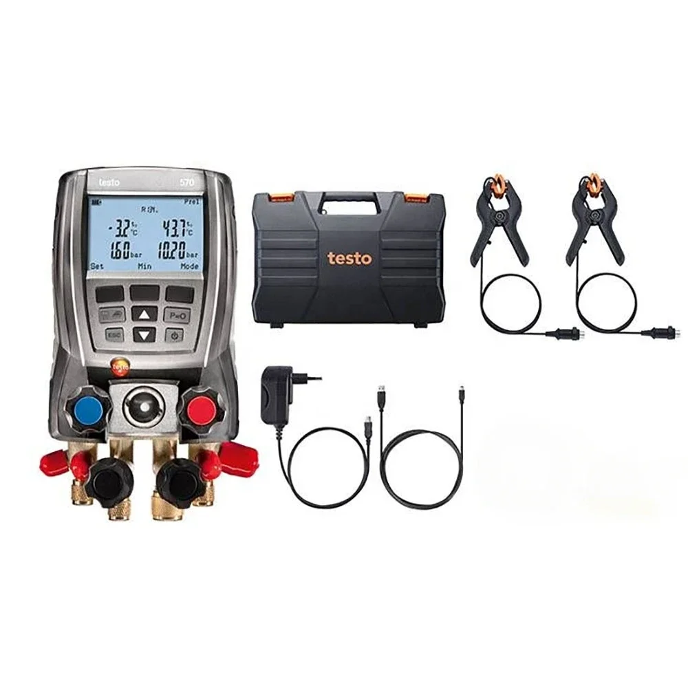 Testo 570-2 Kit Misuratore Collettore Digitale 4 Valvole Con 2 Morsetti Manometro Refrigerazione Datastorage Vuoto Interno Sesor