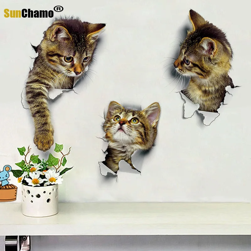 3D Cracked Toilet Wall Stickers for Cat Home Decor Car Seat Living Bath Room Bedroom