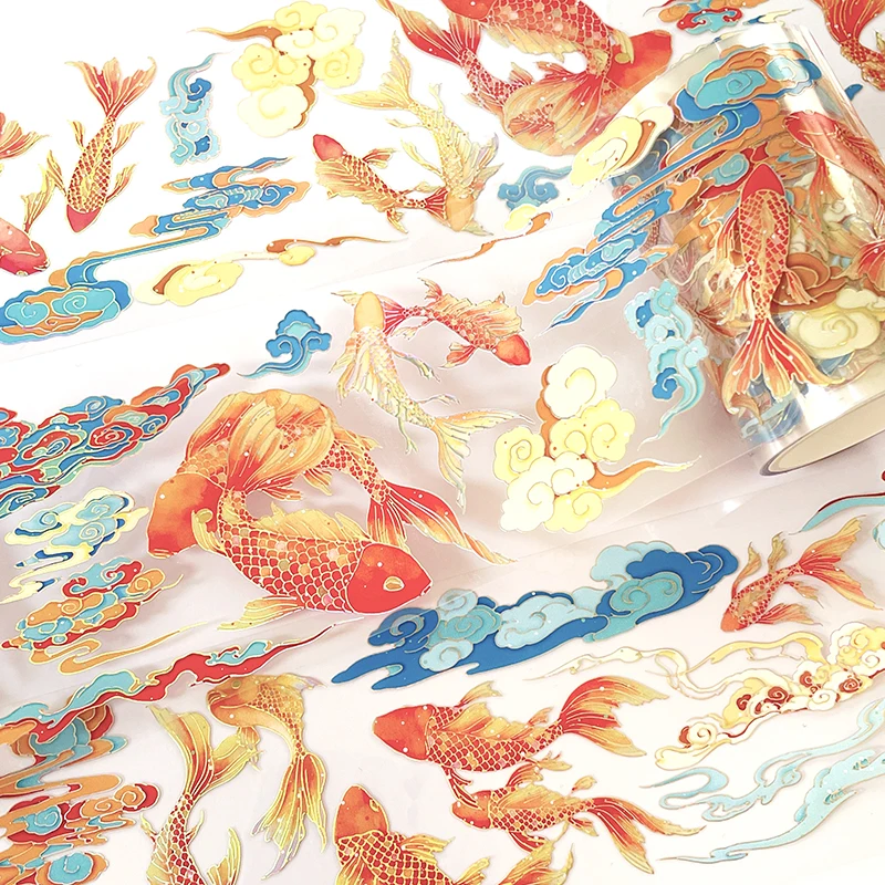 레이저 코이 pet 테이프 금박 금붕어 장식 마스킹 테이프, DIY 스티커 스크랩북 일기 저널 용품, 롤 당 2m