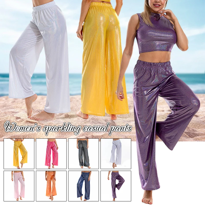 Women Shiny Wide Leg Pants Elastic Waist Casual Loose Metallic Trousers Female Long Straight Pants Streetwear Yoga Dancing Pants