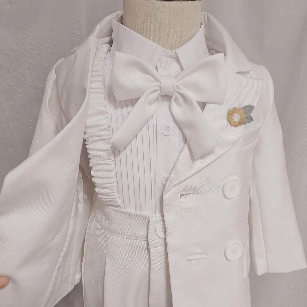 Kids Suit Shirt Strap Pant Bow Tie Clothing Set White Boys Photograph Suit School Children Piano Performance Dress Costume 5PCS