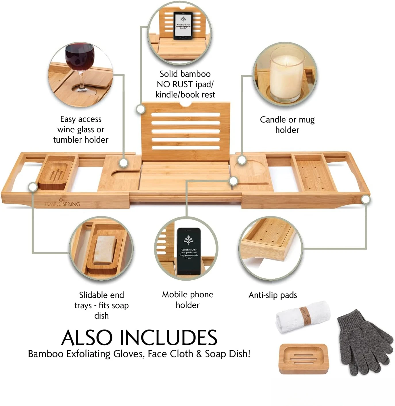 Bathtub Tray, Bamboo Bathroom Accessories, Bath Tray for Tub, at Home Spa Essentials, Board for Tub Table, Bath