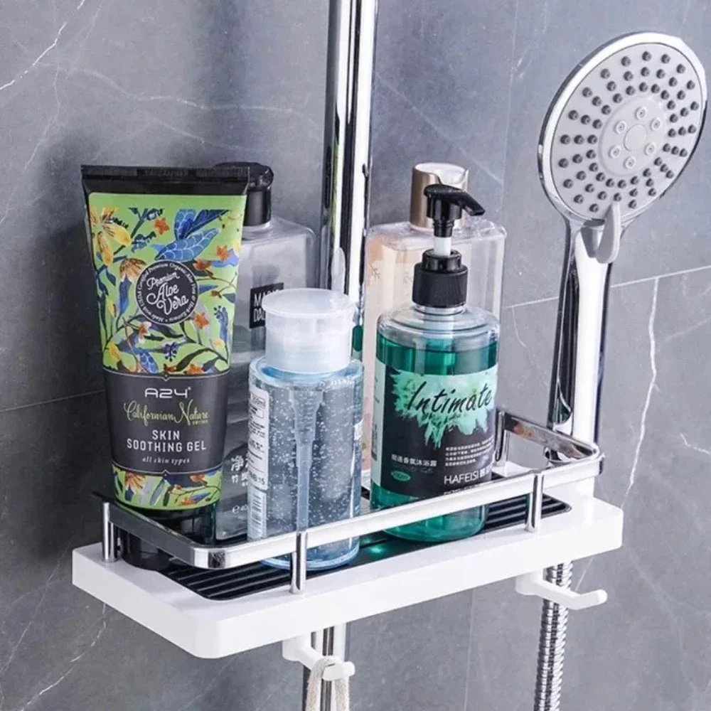 Shower Storage Holder Bathroom Shelf Pole Shelves Shampoo Tray Stand No Drilling Lifting Rod Shower Head Holder Rack Organizer 6