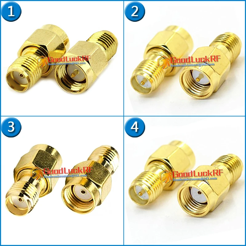 

SMA Male to RP-SMA RPSMA RP SMA Female Plug Cable Antenna Connector Socket GOLD Palted Brass Straight Coaxial RF Adapter 50 ohm