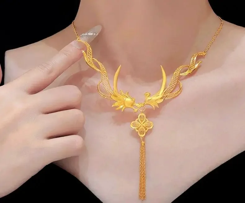 9999 24K Real Gold New Chinese-style High-end Design Dragon Necklace Women's Bride Necklace Wedding Jewelry