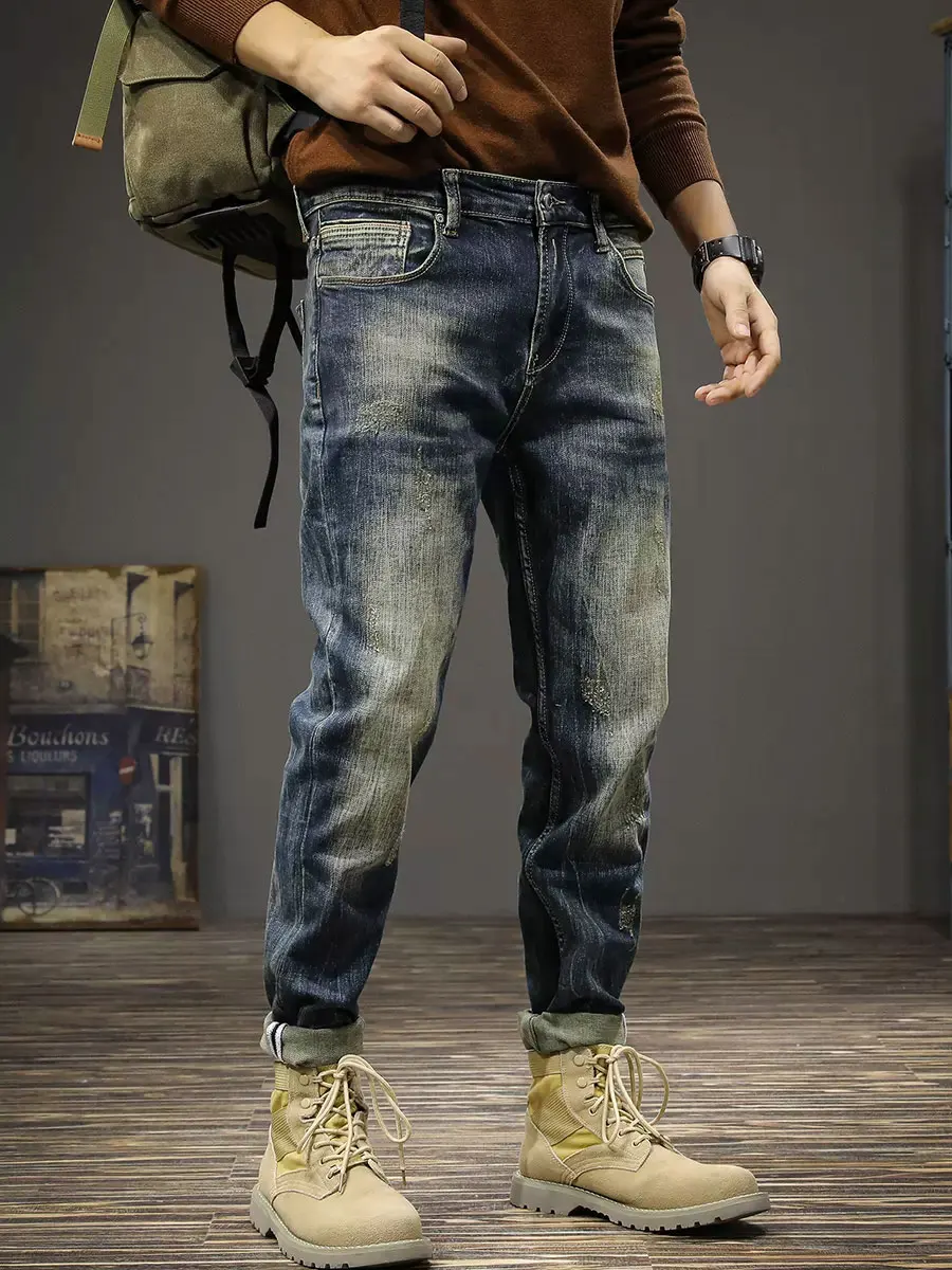 Fashion Designer Men Jeans Retro Black Blue Stretch Elastic Slim Fit Ripped Jeans Men Trousers Embroidery Vintage Pants Hombre