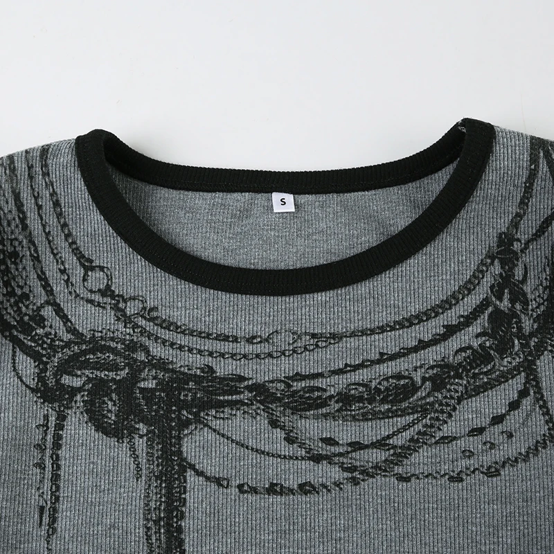 Solid Chain Print O-Neck Long Sleeve Women Blouses Gothic Punk Chic Fashion Autumn Basic Trendy Top Tees