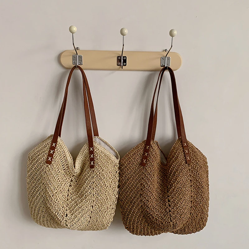 Casual Large Capacity Straw Shopping Tote Bag Hollow Woven Women Shoulder Bags Summer Beach Travel Lady Wicker Knitted Handbag