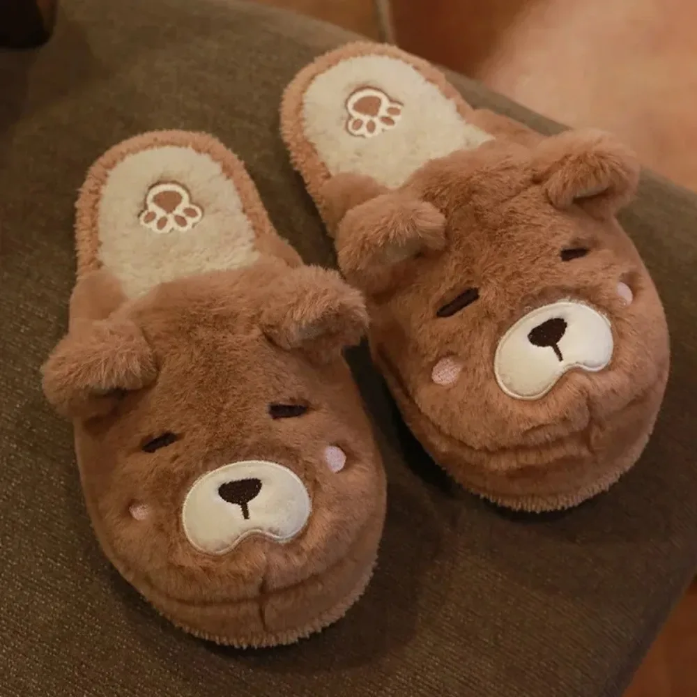 Cartoon Bear Slipper for Women  Winter Indoor Warm Faux Fur Shoes Flip Flops Cute Animals Plush Platform Ladies Home Slippers 3