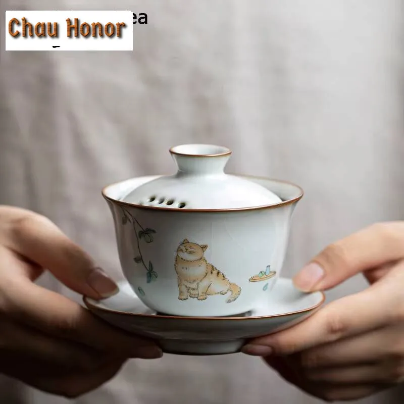 160ml Cute Cat Ru Kiln Porcelain Gaiwan Elegant Tea Tureen Tea Bowl with Lid Kit Tea Maker Cover Bowl Kung Fu Tea Set Ornaments