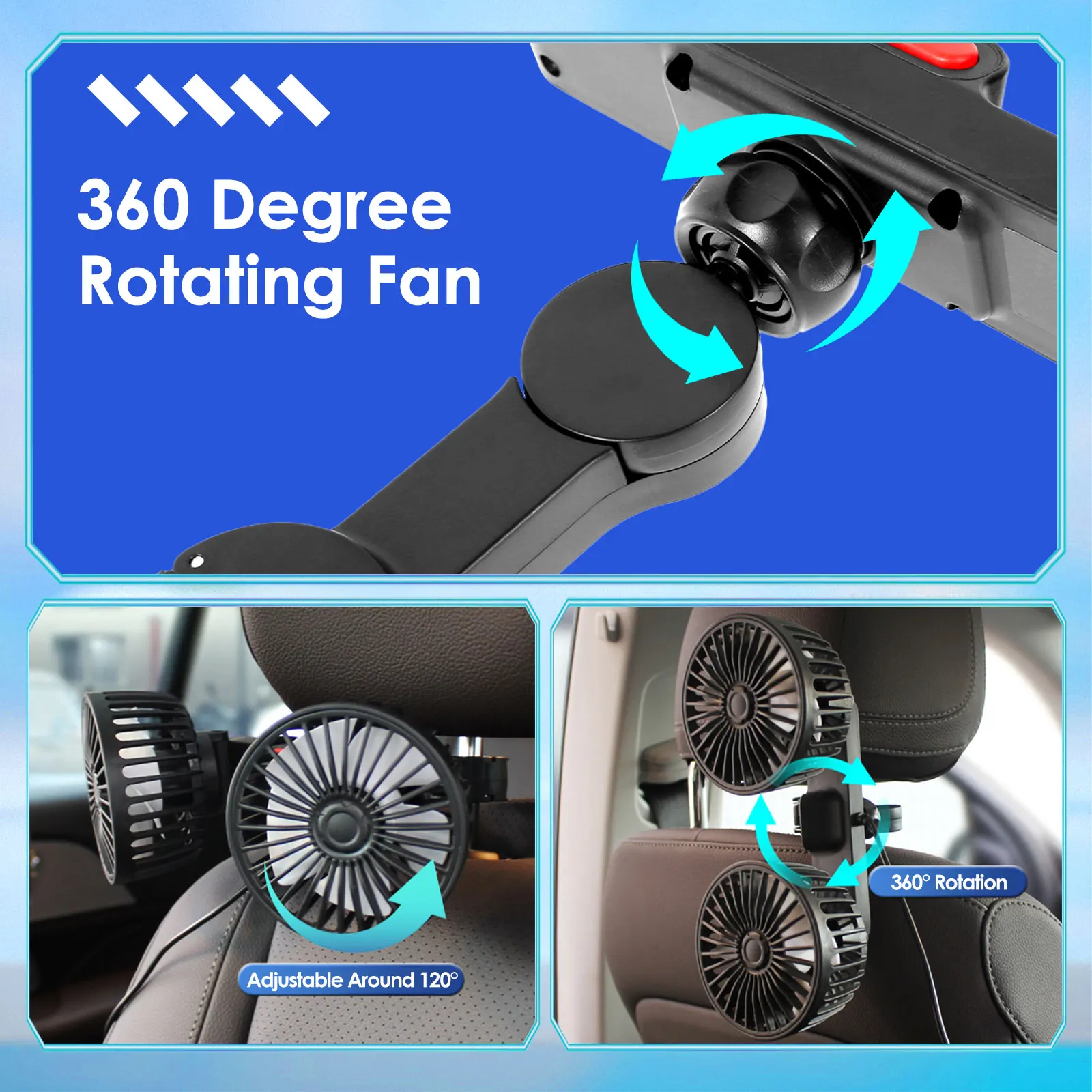 XOOL Electric Car Fans for Rear Seat Passenger Portable Fan Headrest 360  Degree Rotatable Backseat Car Fan 12V Cooling Air Fan with Stepless Speed