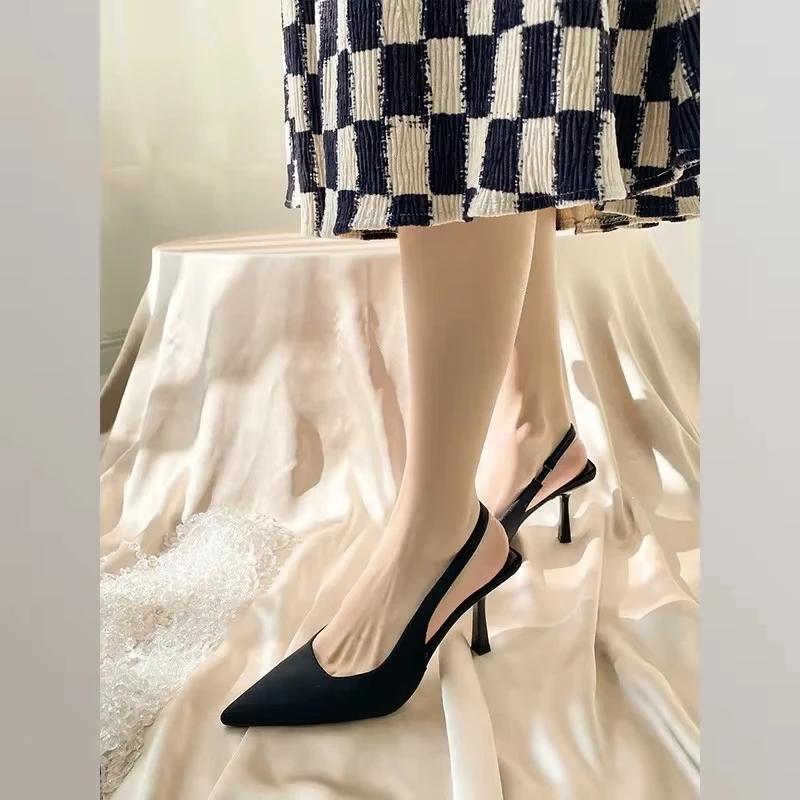 Black Slingback Sandals Women's Spring/Summer Pointed Toe Women's Super High Heels Elegant Shallow Ankle Buckle Design
