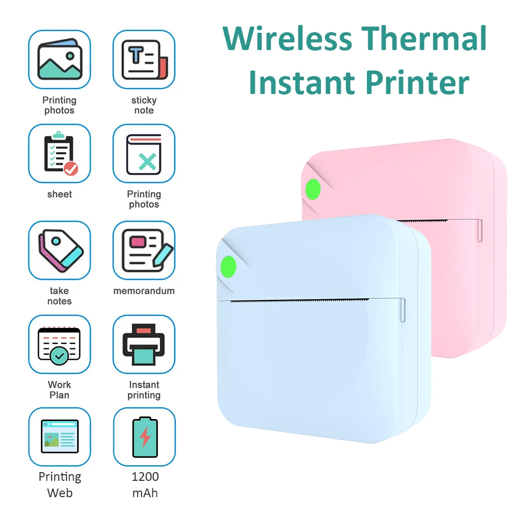 Inkless Sticker Printer Mini Thermal Printer with Roll of Thermal Paper, Wireless Pocket Printer Smart Portable Receipt