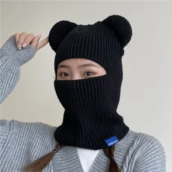 New Warm Winter Women Hat Cute Bear Ears Balaclava Scarf Female Outdoor Bikes Sports Knitted Wool Full Face Ski Mask Beanie Cap