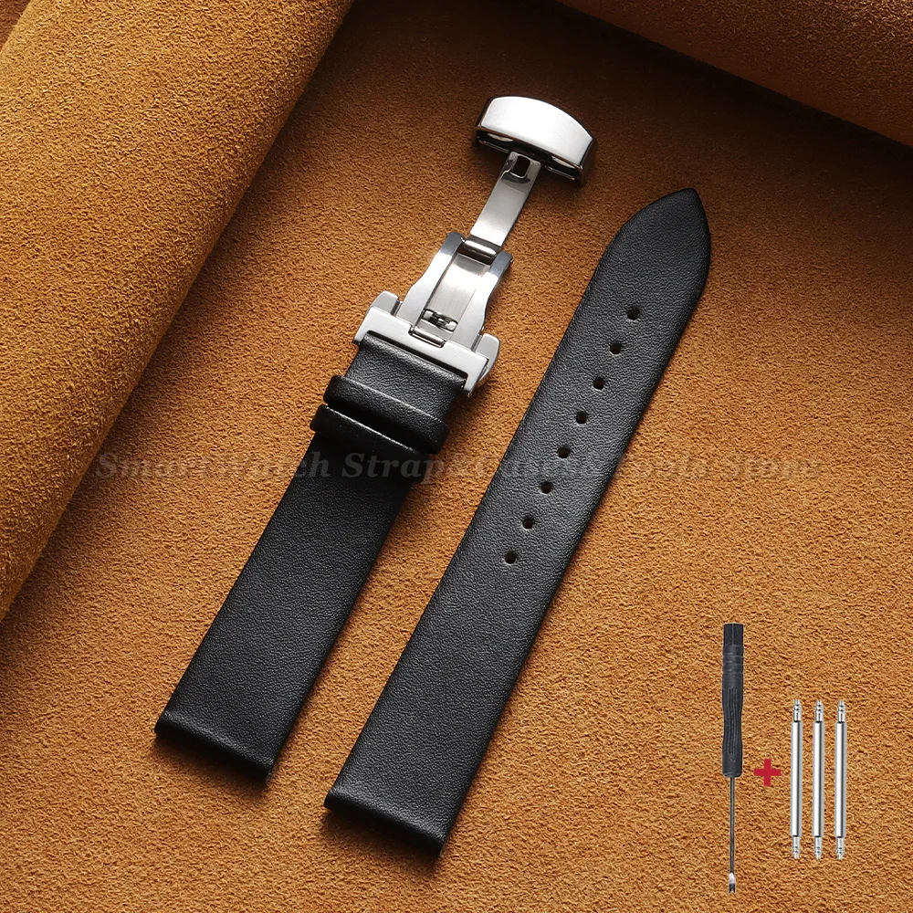 Premium Ultra-Thin Genuine Leather Watch Strap with Soft Cowhide Band and Butterfly Clasp