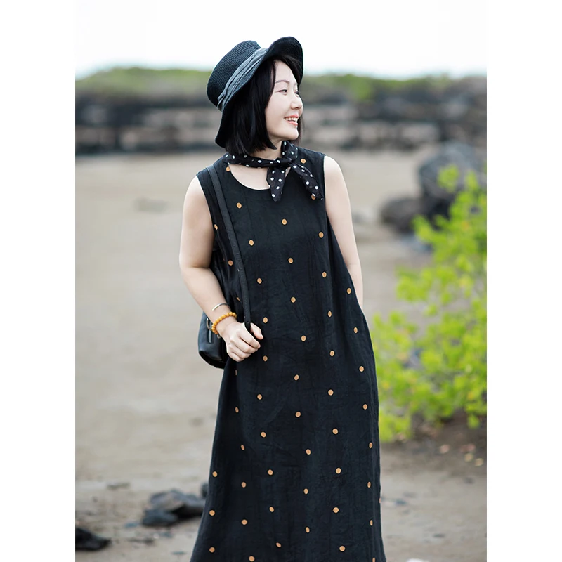 

2023 Summer Wrinkled Cotton Linen Embroidered Dot Tank Top Sleeveless Loose Long Dress