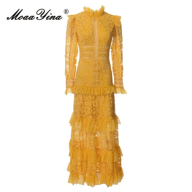 

MoaaYina Summer Fashion Designer Yellow dress Women's Dress Flounces Collar High Waist Hollow Out Embroidery Flounces Dress