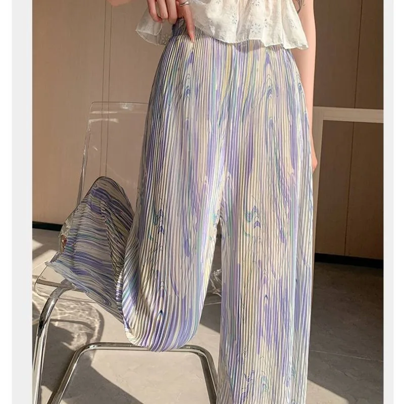 Summer Sweet Geometric Ruched Women's Thin Elasticized High-waisted Straight Tie Dye Casual Loose Wide Leg Floor Length Pants