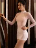 Women Mesh Patchwork Hollow Out Sexy Tight Pencil Cute Dress Smooth See Through Micro Mini Dress Bandage Dress Stage Wear 1